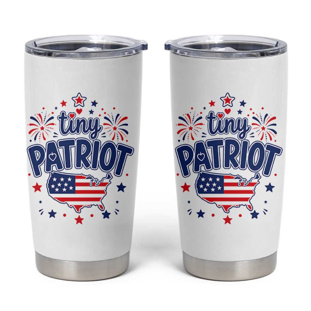 Tiny Patriot 4th of July Fireworks Tumbler Cup USA Map American Flag Red White and Blue Patriotic Holiday