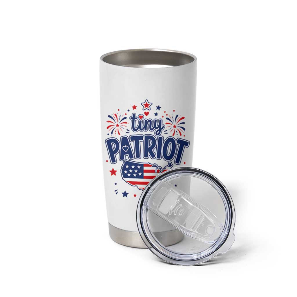 Tiny Patriot 4th of July Fireworks Tumbler Cup USA Map American Flag Red White and Blue Patriotic Holiday