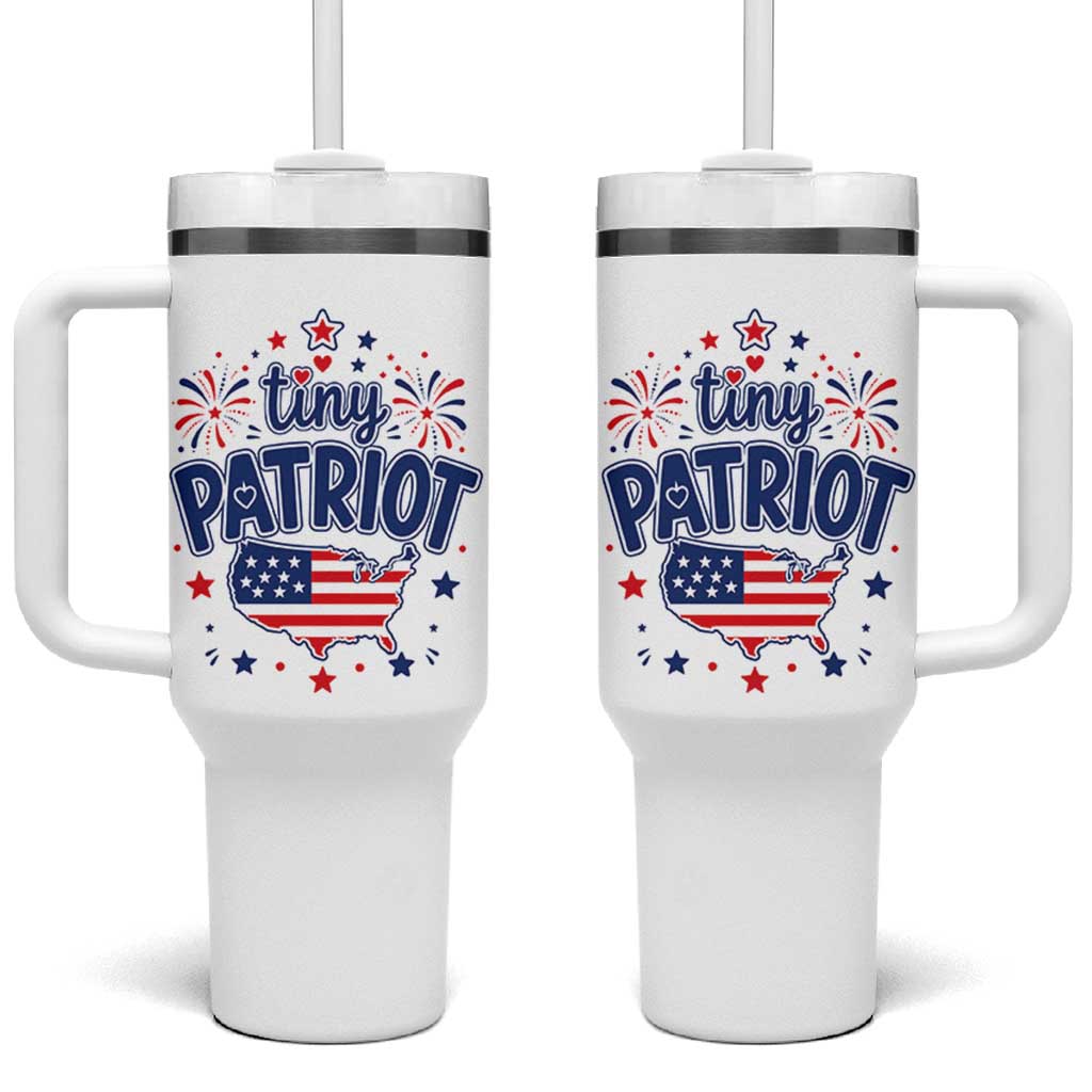 Tiny Patriot 4th of July Fireworks Tumbler With Handle USA Map American Flag Red White and Blue Patriotic Holiday