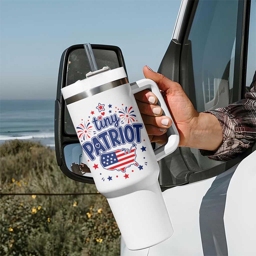 Tiny Patriot 4th of July Fireworks Tumbler With Handle USA Map American Flag Red White and Blue Patriotic Holiday
