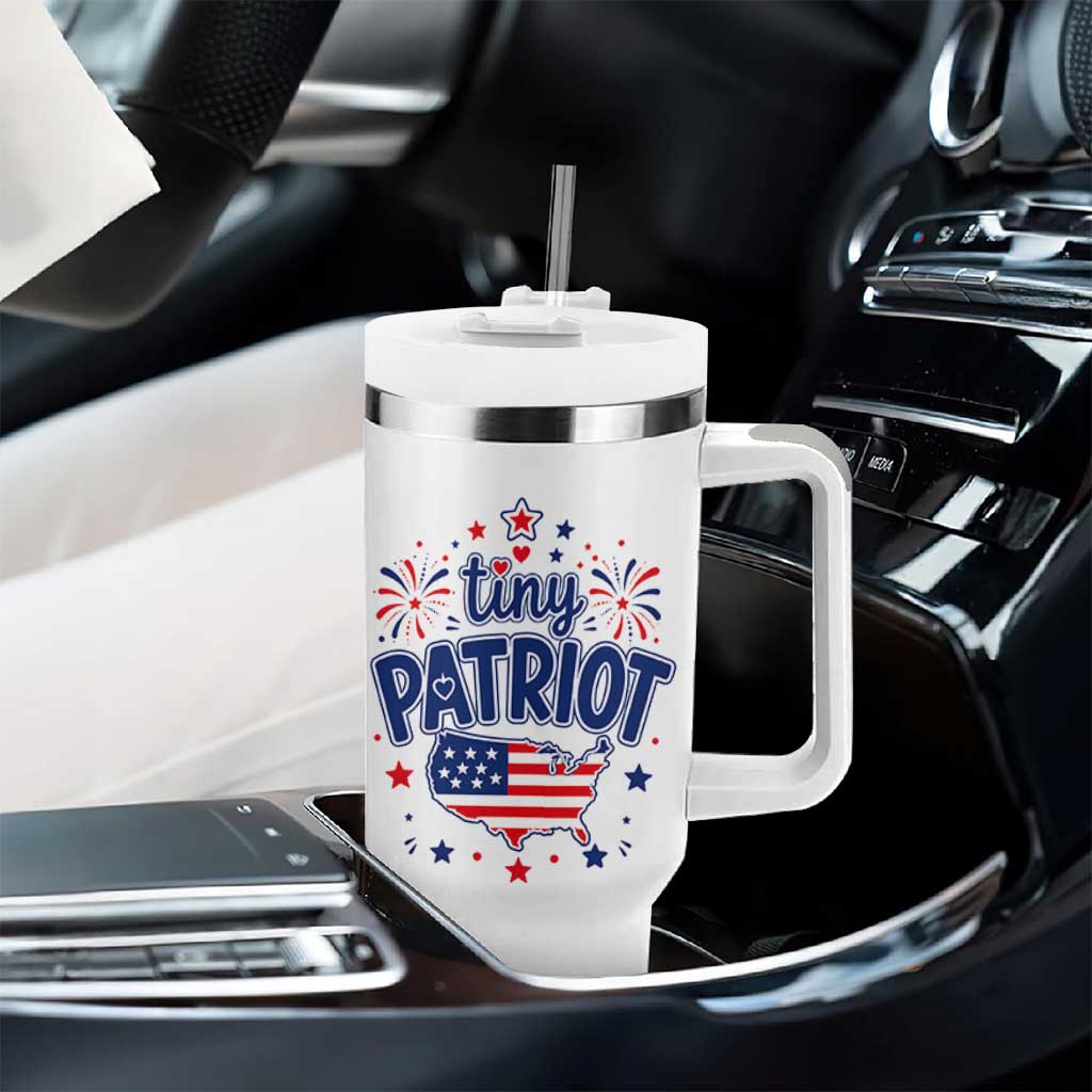 Tiny Patriot 4th of July Fireworks Tumbler With Handle USA Map American Flag Red White and Blue Patriotic Holiday