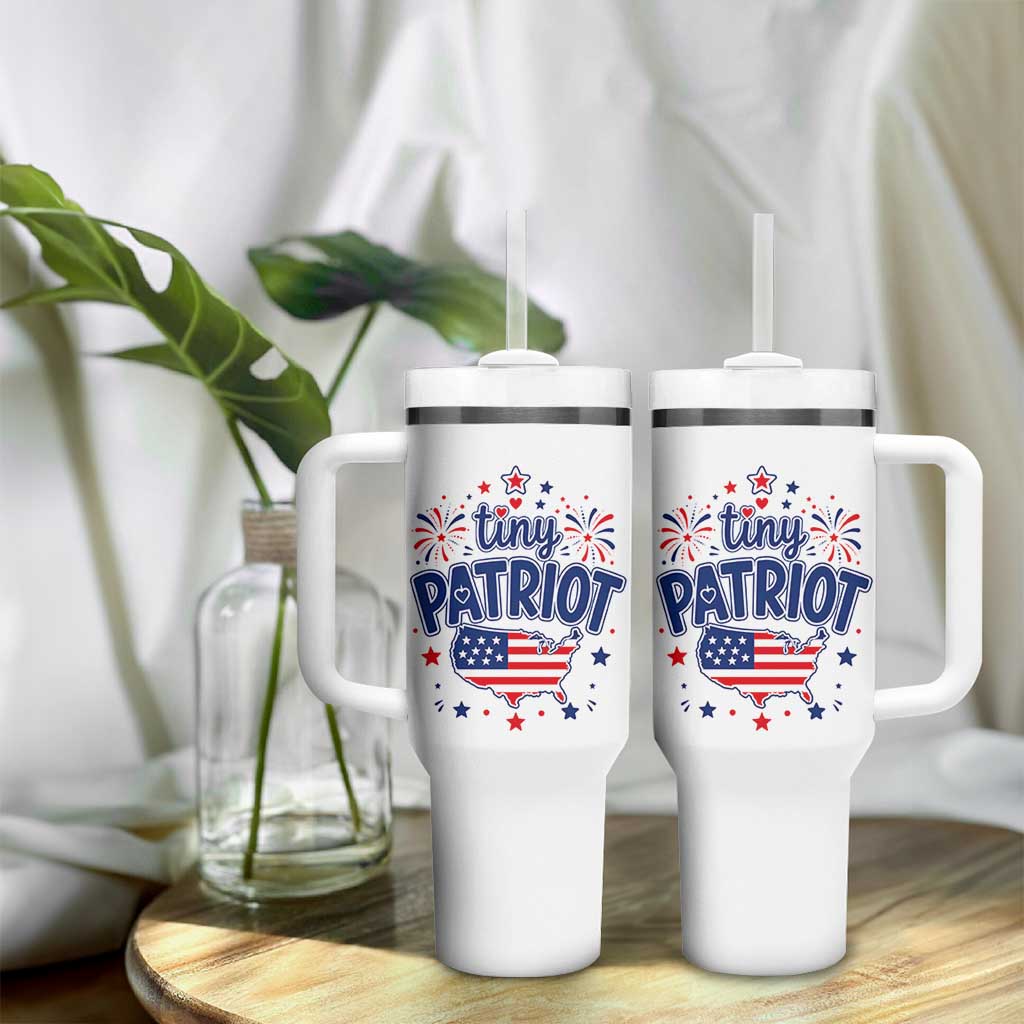 Tiny Patriot 4th of July Fireworks Tumbler With Handle USA Map American Flag Red White and Blue Patriotic Holiday
