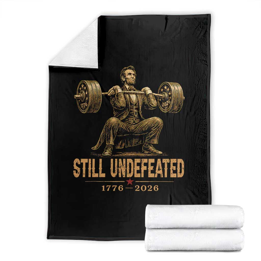 Funny Abraham Lincoln Squatting Barbell Semiquincentennial Throw Blanket Still Undefeated 1776 to 2026 Muscular President Gym Bodybuilder