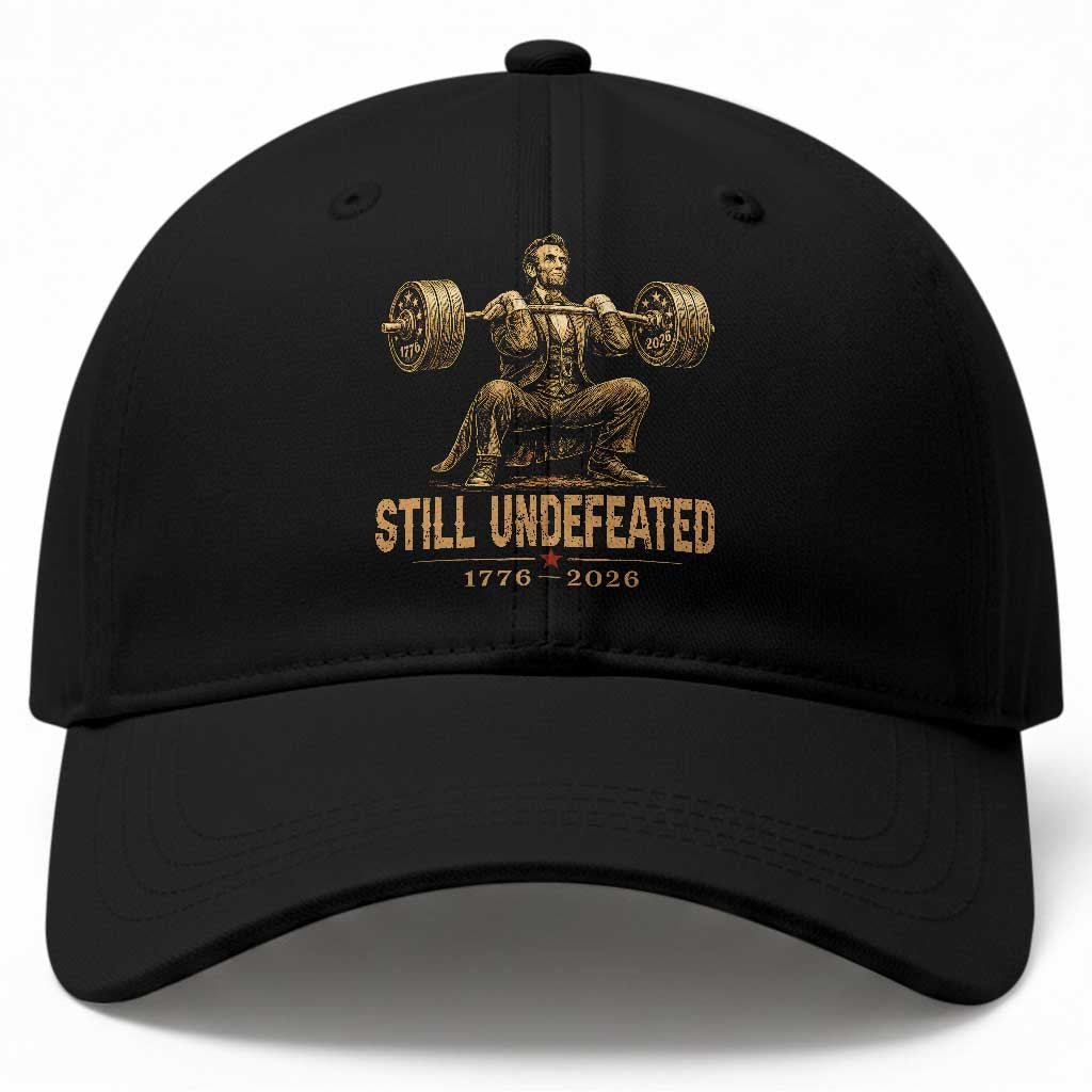 Funny Abraham Lincoln Squatting Barbell Semiquincentennial Baseball Cap Still Undefeated 1776 to 2026 Muscular President Gym Bodybuilder