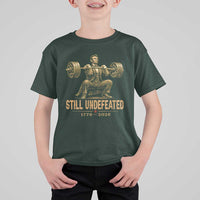 Funny Abraham Lincoln Squatting Barbell Semiquincentennial T Shirt For Kid Still Undefeated 1776 to 2026 Muscular President Gym Bodybuilder