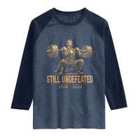 Funny Abraham Lincoln Squatting Barbell Semiquincentennial Raglan Shirt Still Undefeated 1776 to 2026 Muscular President Gym Bodybuilder