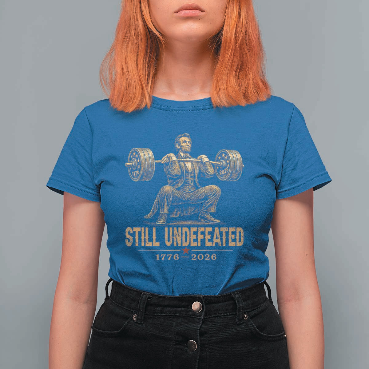 Funny Abraham Lincoln Squatting Barbell Semiquincentennial T Shirt For Women Still Undefeated 1776 to 2026 Muscular President Gym Bodybuilder