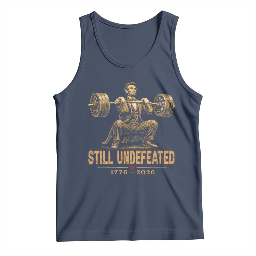 Funny Abraham Lincoln Squatting Barbell Semiquincentennial Tank Top Still Undefeated 1776 to 2026 Muscular President Gym Bodybuilder