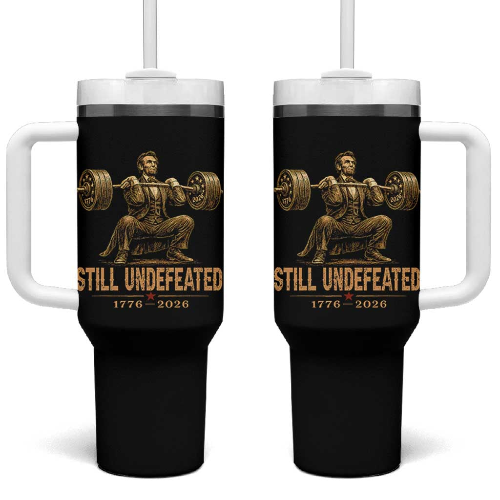 Funny Abraham Lincoln Squatting Barbell Semiquincentennial Tumbler With Handle Still Undefeated 1776 to 2026 Muscular President Gym Bodybuilder