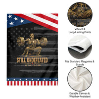 Funny Abraham Lincoln Squatting Barbell Semiquincentennial Patriotic Garden Flag Still Undefeated 1776 to 2026 Muscular President Gym Bodybuilder