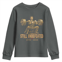 Funny Abraham Lincoln Squatting Barbell Semiquincentennial Youth Sweatshirt Still Undefeated 1776 to 2026 Muscular President Gym Bodybuilder