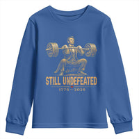 Funny Abraham Lincoln Squatting Barbell Semiquincentennial Youth Sweatshirt Still Undefeated 1776 to 2026 Muscular President Gym Bodybuilder