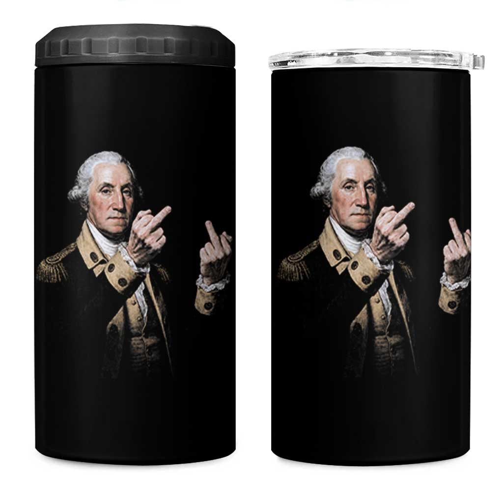 Funny George Washington Middle Fingers Rebel Portrait 4 in 1 Can Cooler Tumbler Edgy Classic Oil Painting Parody Patriotic Humor Graphic