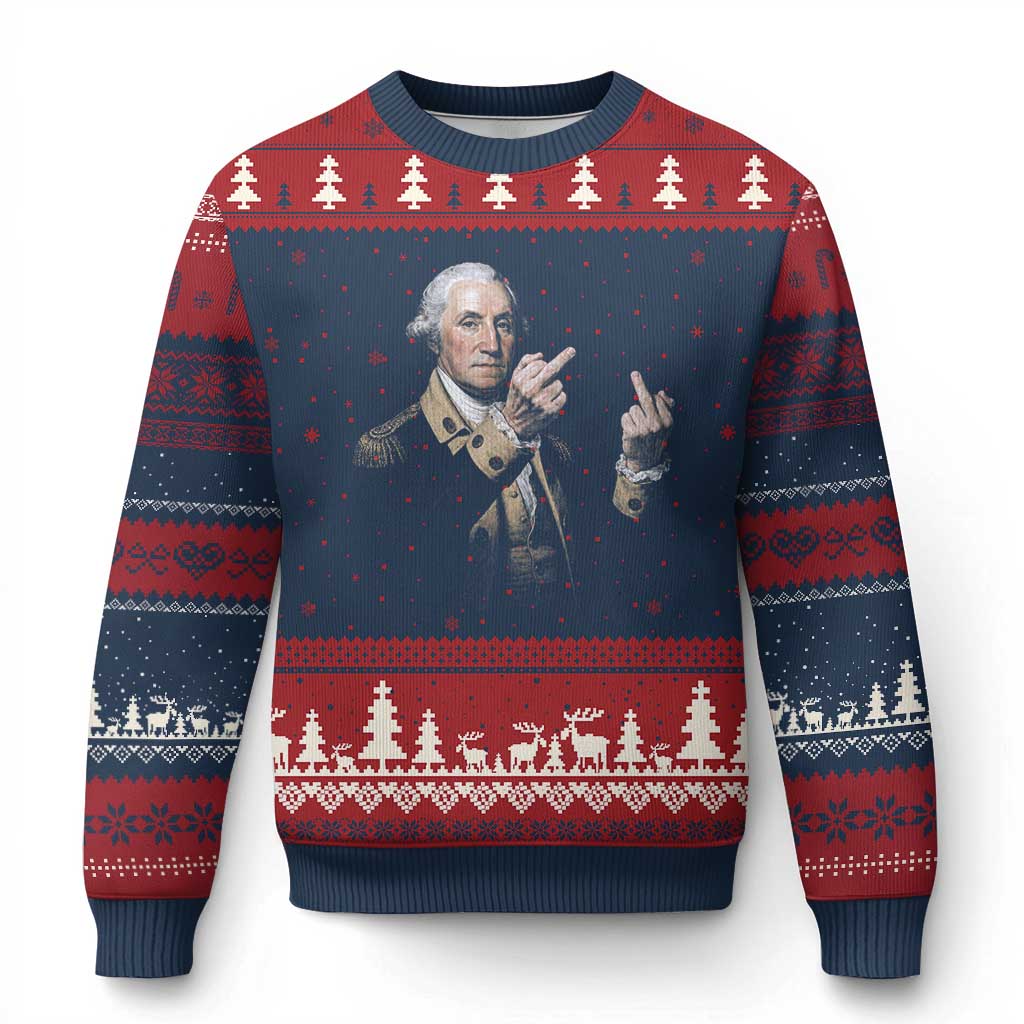Funny George Washington Middle Fingers Rebel Portrait Ugly Christmas Sweater Edgy Classic Oil Painting Parody Patriotic Humor Graphic