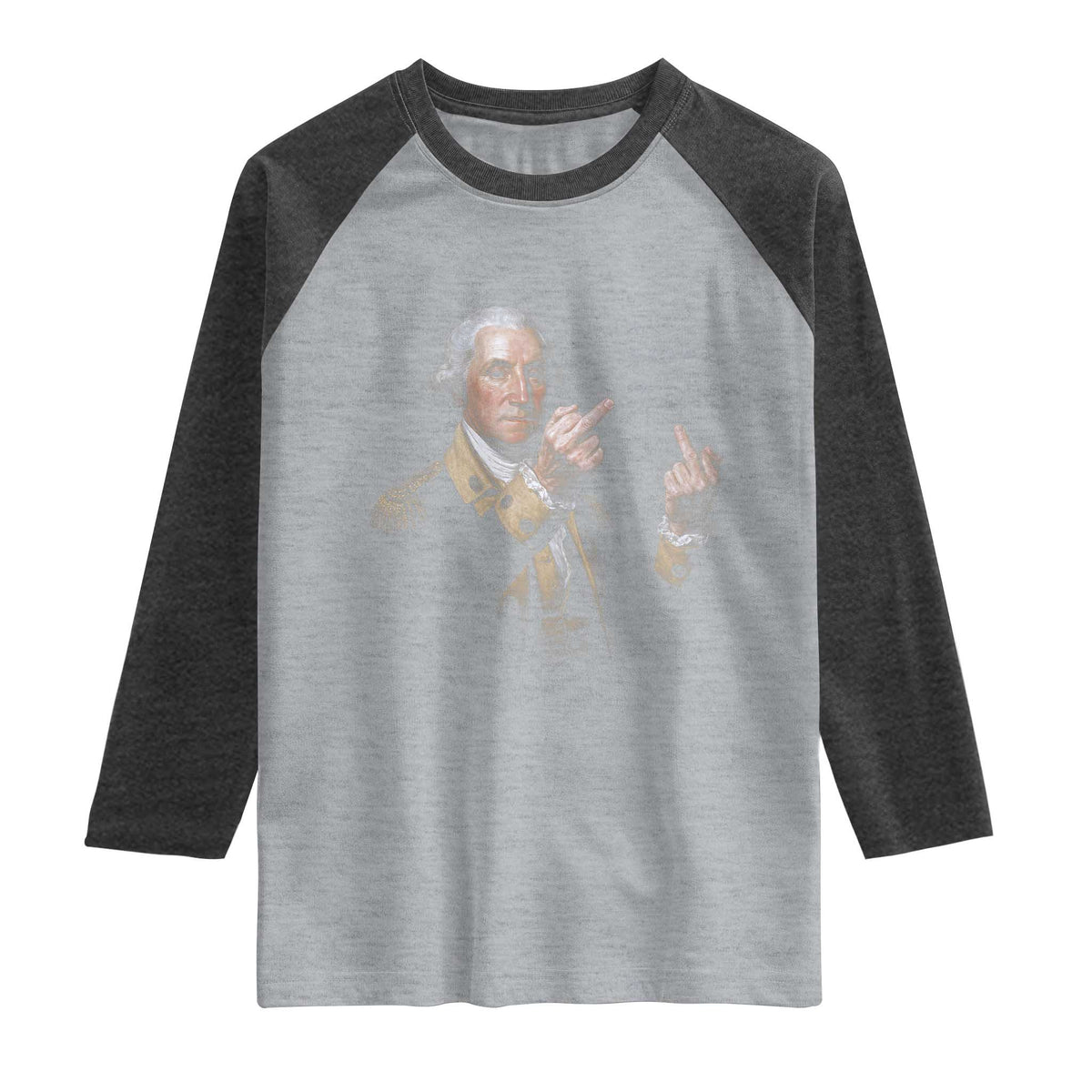 Funny George Washington Middle Fingers Rebel Portrait Raglan Shirt Edgy Classic Oil Painting Parody Patriotic Humor Graphic
