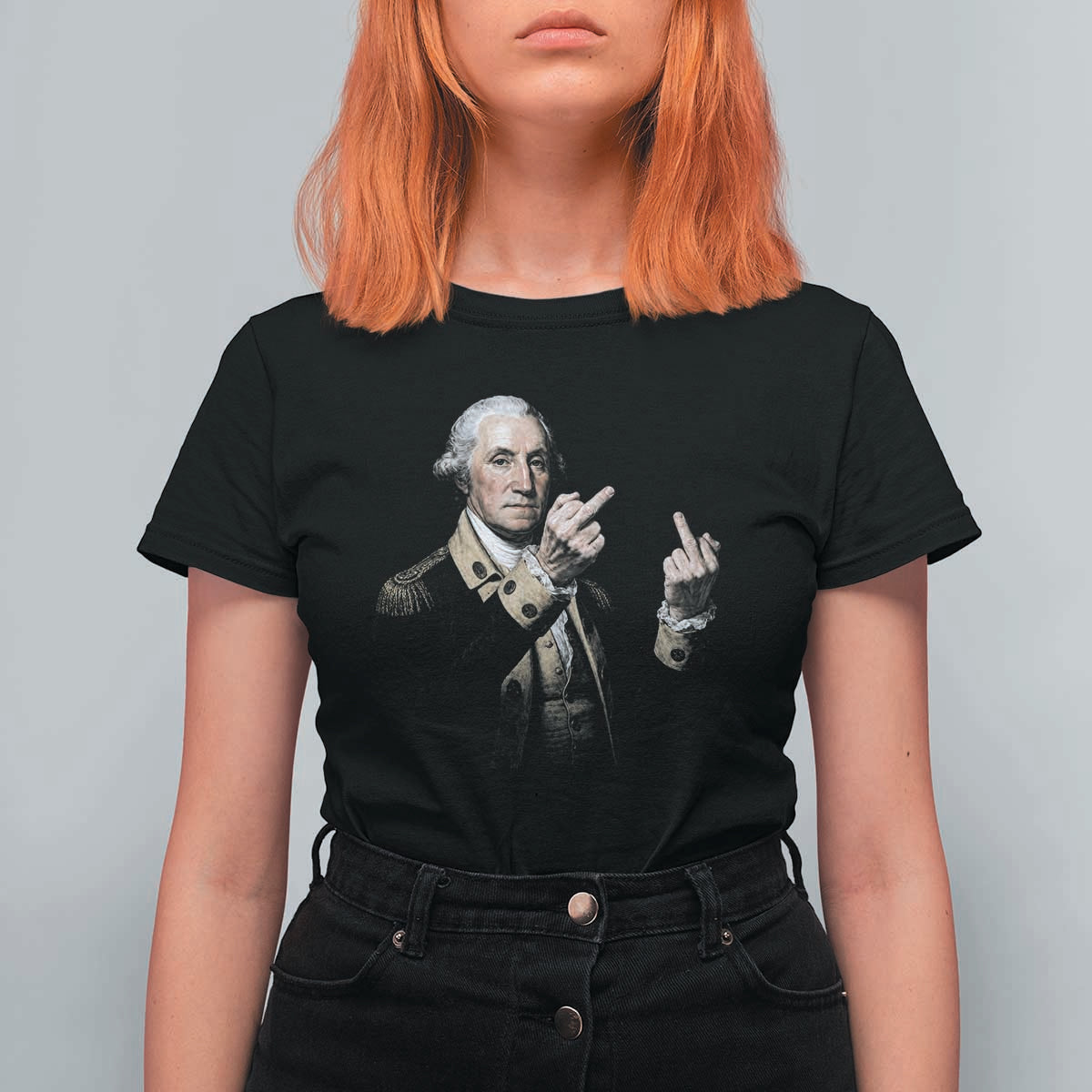 Funny George Washington Middle Fingers Rebel Portrait T Shirt For Women Edgy Classic Oil Painting Parody Patriotic Humor Graphic