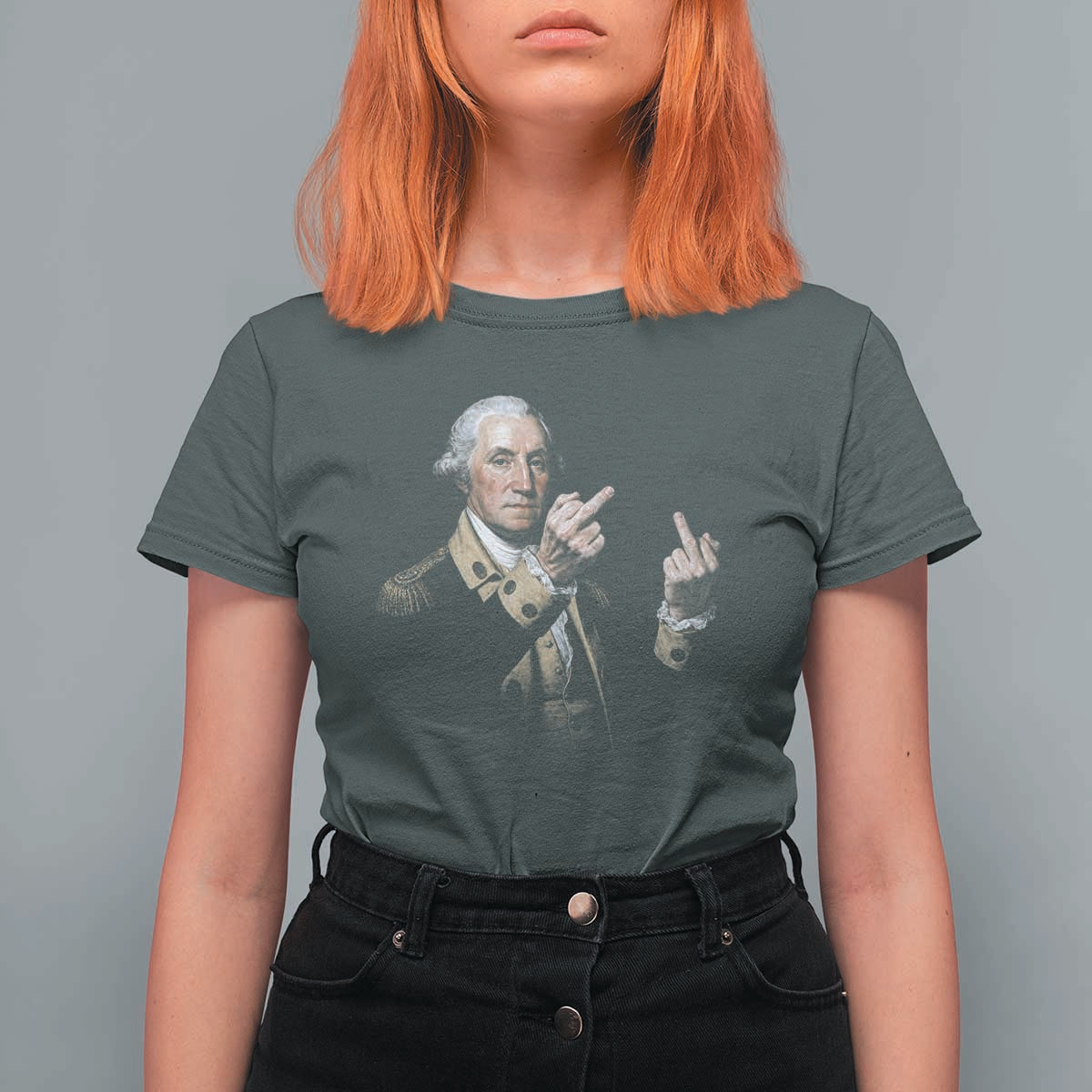 Funny George Washington Middle Fingers Rebel Portrait T Shirt For Women Edgy Classic Oil Painting Parody Patriotic Humor Graphic