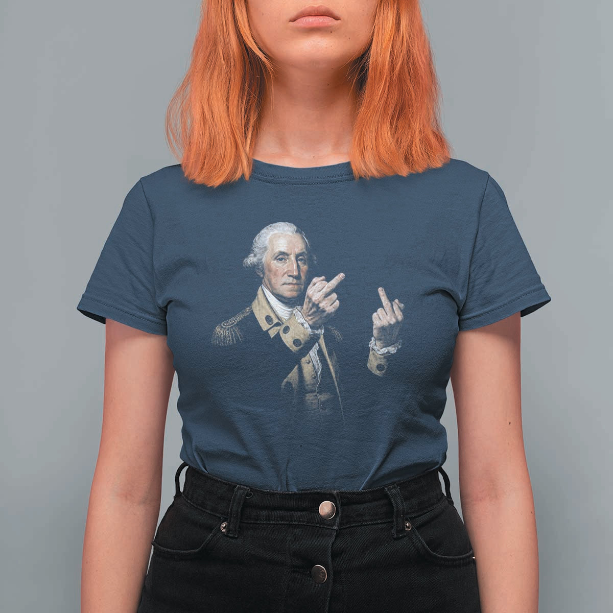 Funny George Washington Middle Fingers Rebel Portrait T Shirt For Women Edgy Classic Oil Painting Parody Patriotic Humor Graphic
