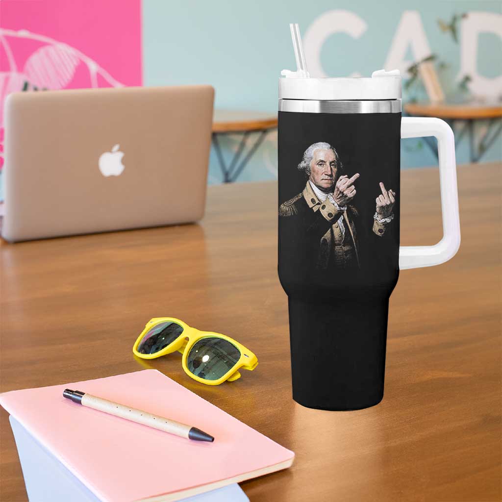 Funny George Washington Middle Fingers Rebel Portrait Tumbler With Handle Edgy Classic Oil Painting Parody Patriotic Humor Graphic