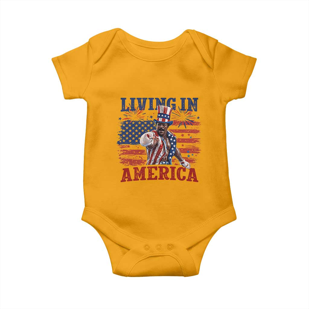 Living In America Funny Patriotic Heavyweight Boxer Baby Onesie Vintage Distressed Flag Uncle Sam Hat Boxing Champion
