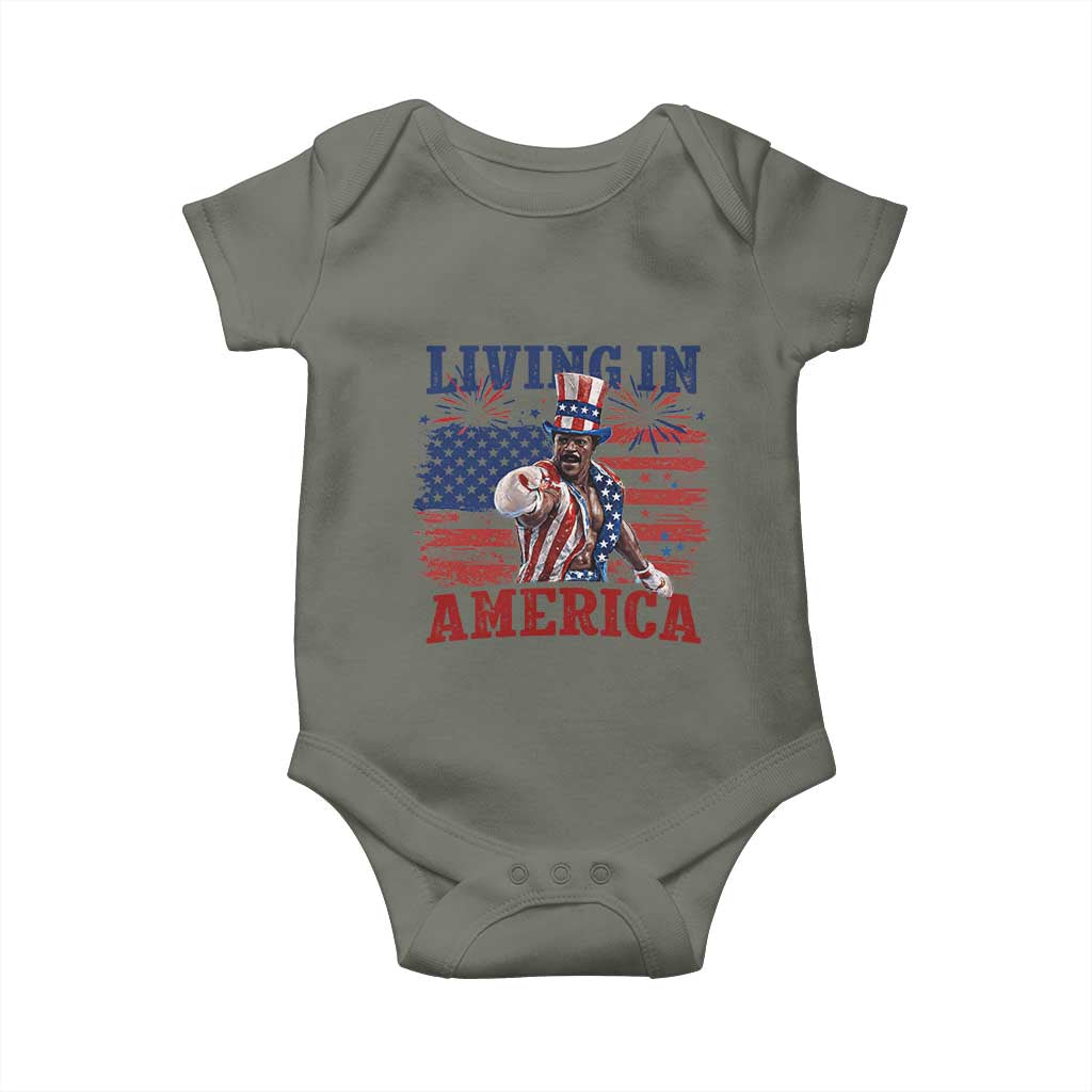 Living In America Funny Patriotic Heavyweight Boxer Baby Onesie Vintage Distressed Flag Uncle Sam Hat Boxing Champion