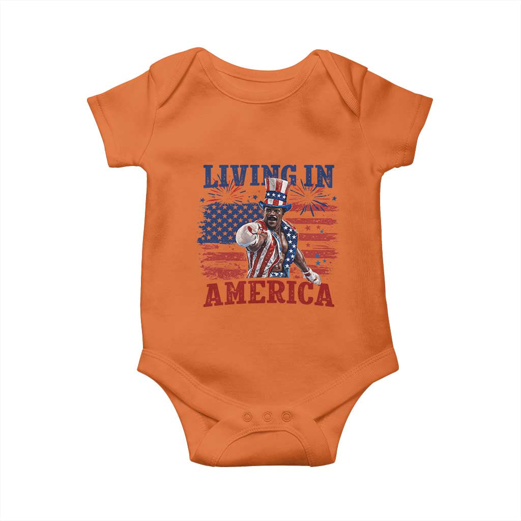 Living In America Funny Patriotic Heavyweight Boxer Baby Onesie Vintage Distressed Flag Uncle Sam Hat Boxing Champion