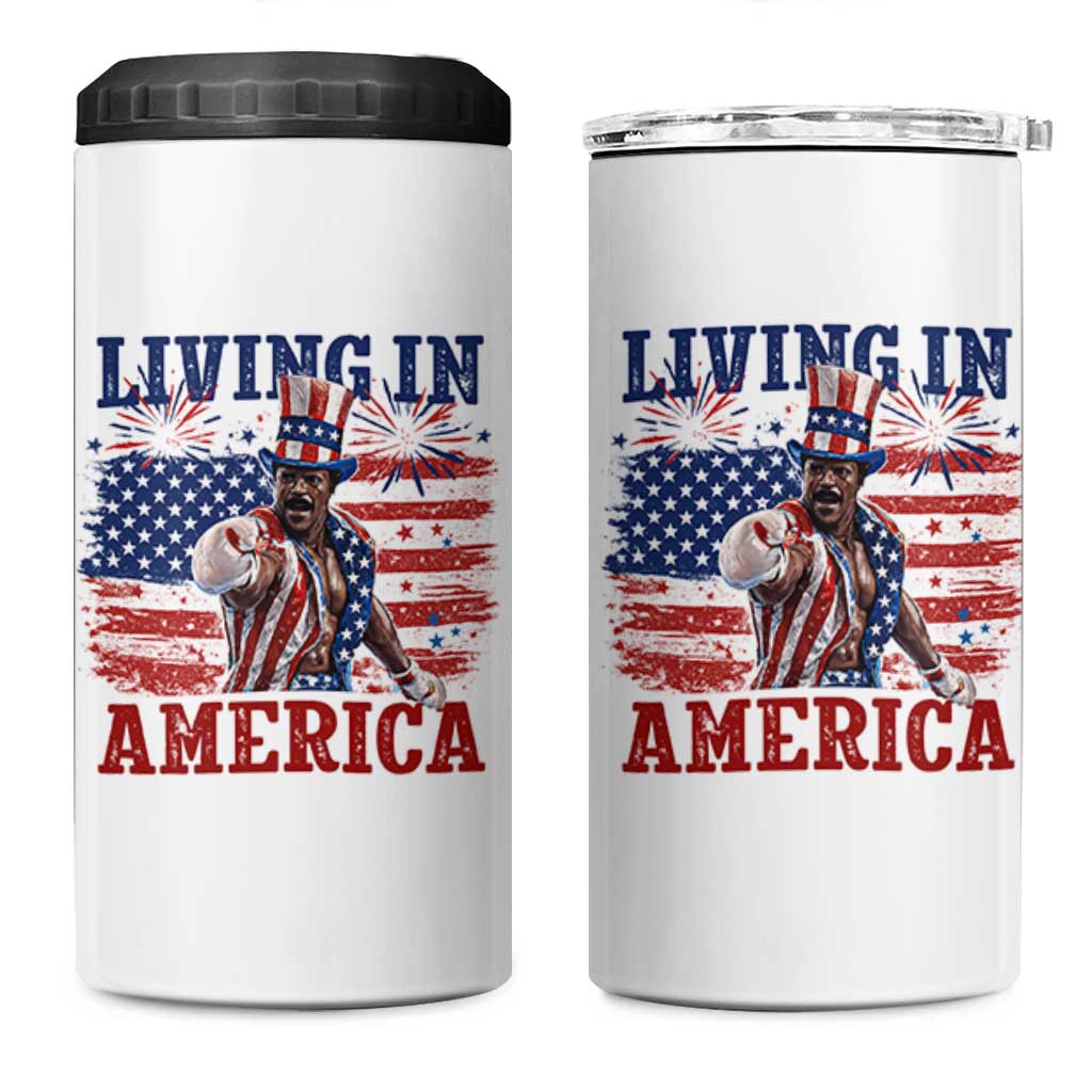 Living In America Funny Patriotic Heavyweight Boxer 4 in 1 Can Cooler Tumbler Vintage Distressed Flag Uncle Sam Hat Boxing Champion
