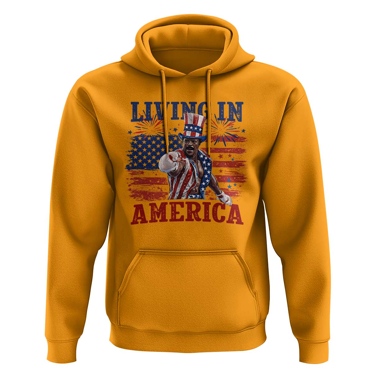 Living In America Funny Patriotic Heavyweight Boxer Hoodie Vintage Distressed Flag Uncle Sam Hat Boxing Champion