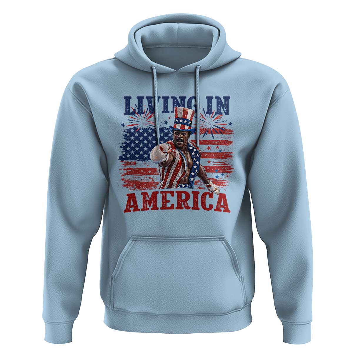 Living In America Funny Patriotic Heavyweight Boxer Hoodie Vintage Distressed Flag Uncle Sam Hat Boxing Champion