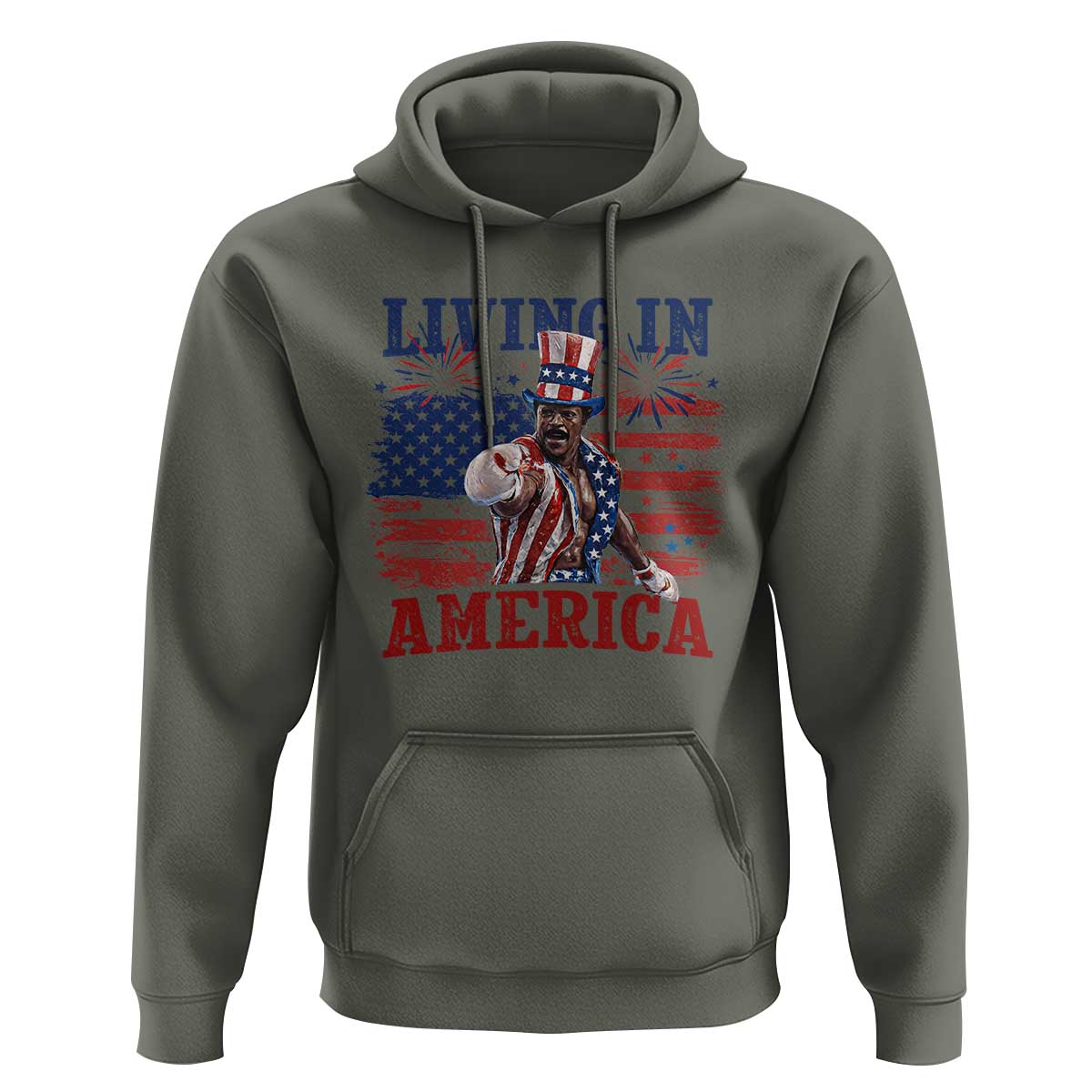 Living In America Funny Patriotic Heavyweight Boxer Hoodie Vintage Distressed Flag Uncle Sam Hat Boxing Champion