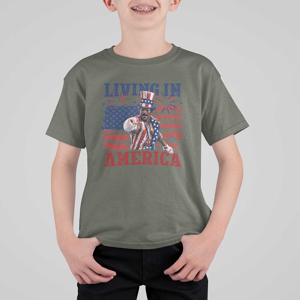 Living In America Funny Patriotic Heavyweight Boxer T Shirt For Kid Vintage Distressed Flag Uncle Sam Hat Boxing Champion