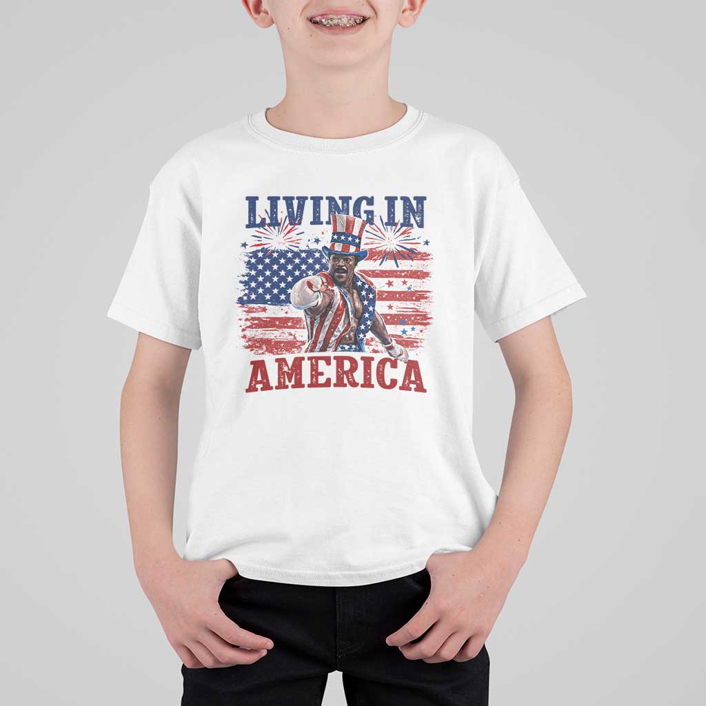 Living In America Funny Patriotic Heavyweight Boxer T Shirt For Kid Vintage Distressed Flag Uncle Sam Hat Boxing Champion