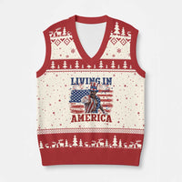 Living In America Funny Patriotic Heavyweight Boxer V-Neck Knit Sweater Vest Vintage Distressed Flag Uncle Sam Hat Boxing Champion