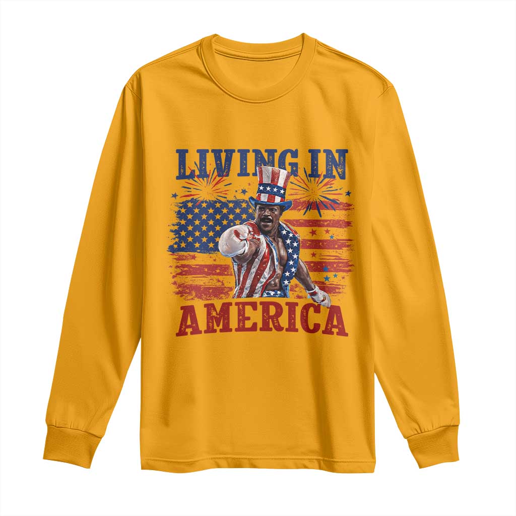 Living In America Funny Patriotic Heavyweight Boxer Long Sleeve Shirt Vintage Distressed Flag Uncle Sam Hat Boxing Champion
