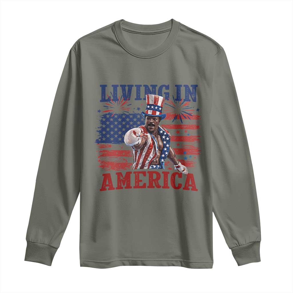 Living In America Funny Patriotic Heavyweight Boxer Long Sleeve Shirt Vintage Distressed Flag Uncle Sam Hat Boxing Champion