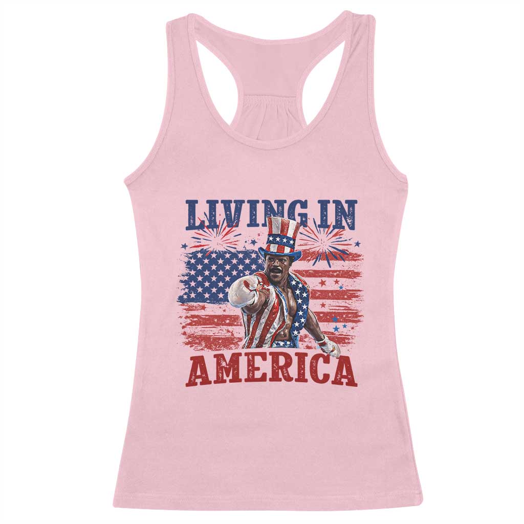 Living In America Funny Patriotic Heavyweight Boxer Racerback Tank Top Vintage Distressed Flag Uncle Sam Hat Boxing Champion