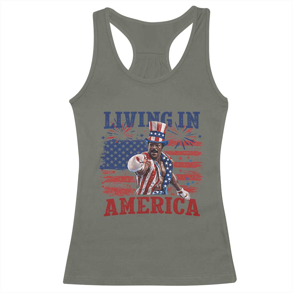 Living In America Funny Patriotic Heavyweight Boxer Racerback Tank Top Vintage Distressed Flag Uncle Sam Hat Boxing Champion