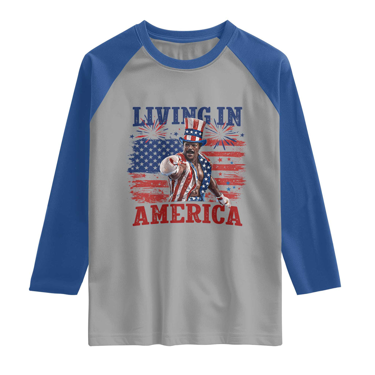 Living In America Funny Patriotic Heavyweight Boxer Raglan Shirt Vintage Distressed Flag Uncle Sam Hat Boxing Champion