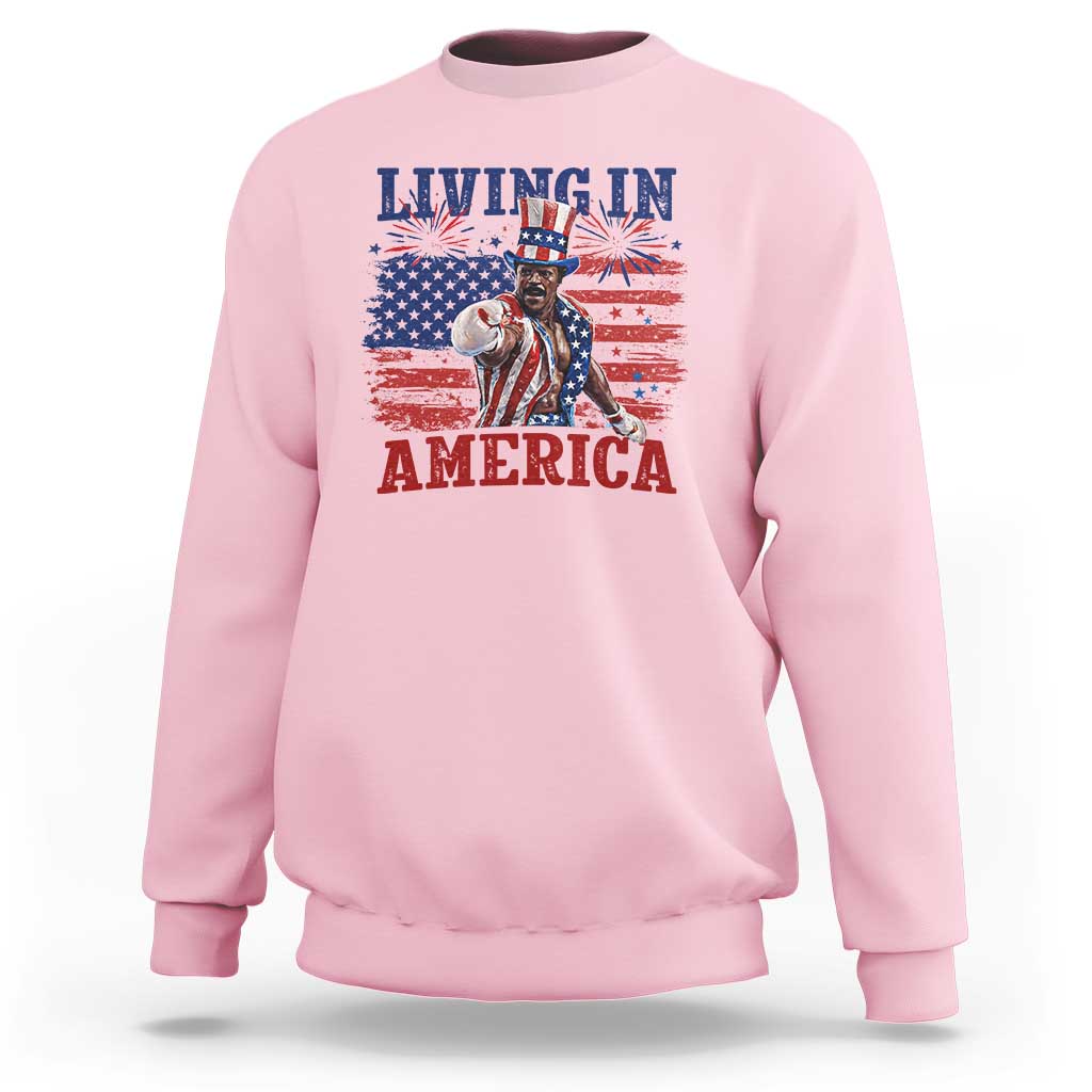 Living In America Funny Patriotic Heavyweight Boxer Sweatshirt Vintage Distressed Flag Uncle Sam Hat Boxing Champion