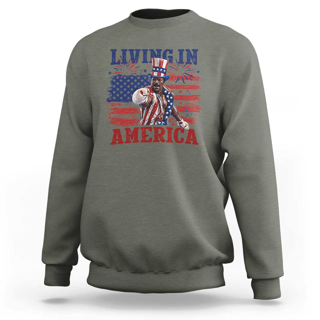 Living In America Funny Patriotic Heavyweight Boxer Sweatshirt Vintage Distressed Flag Uncle Sam Hat Boxing Champion