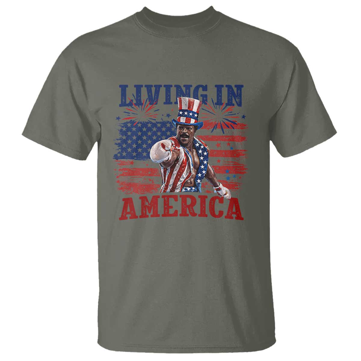 Living In America Funny Patriotic Heavyweight Boxer T Shirt Vintage Distressed Flag Uncle Sam Hat Boxing Champion