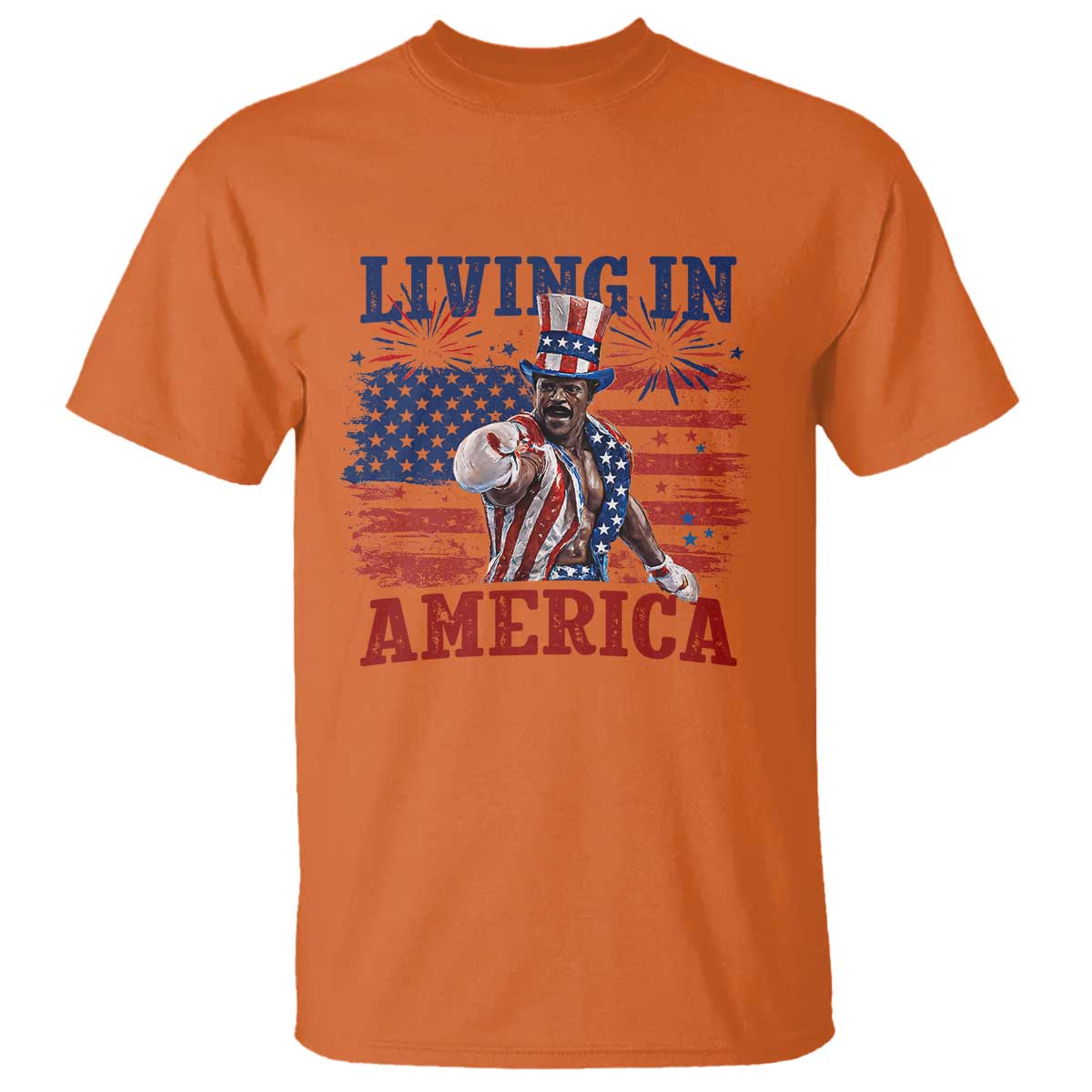 Living In America Funny Patriotic Heavyweight Boxer T Shirt Vintage Distressed Flag Uncle Sam Hat Boxing Champion