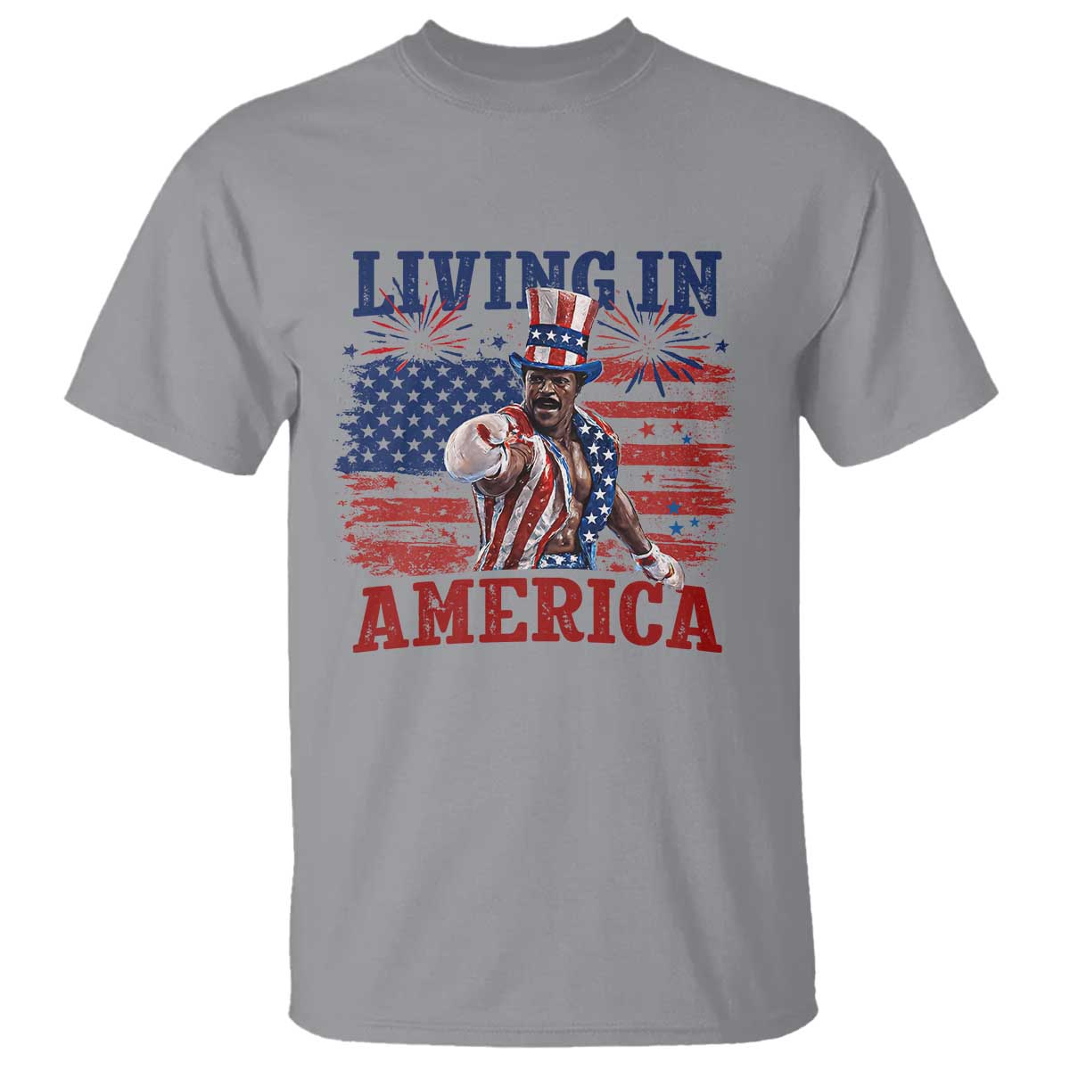 Living In America Funny Patriotic Heavyweight Boxer T Shirt Vintage Distressed Flag Uncle Sam Hat Boxing Champion