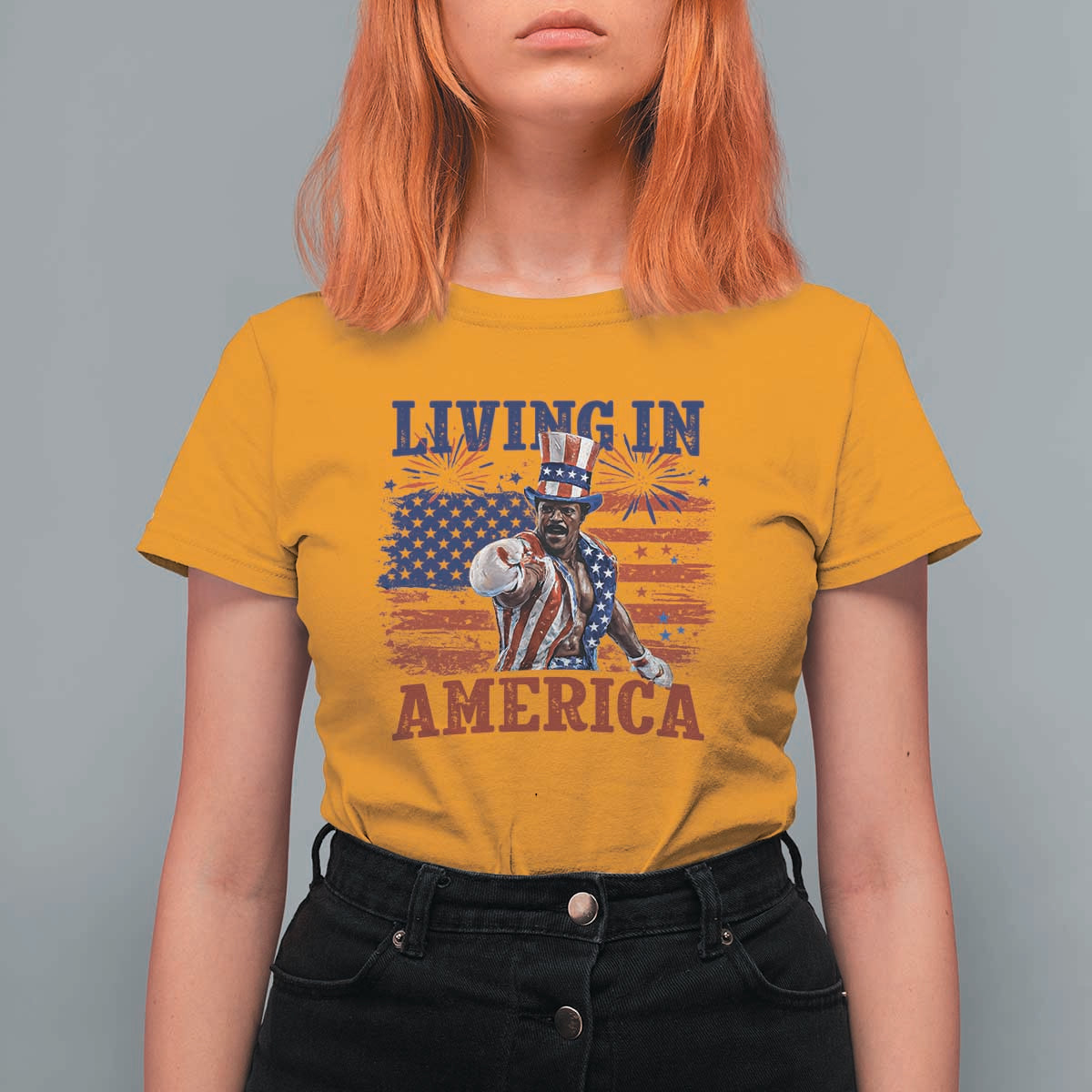 Living In America Funny Patriotic Heavyweight Boxer T Shirt For Women Vintage Distressed Flag Uncle Sam Hat Boxing Champion