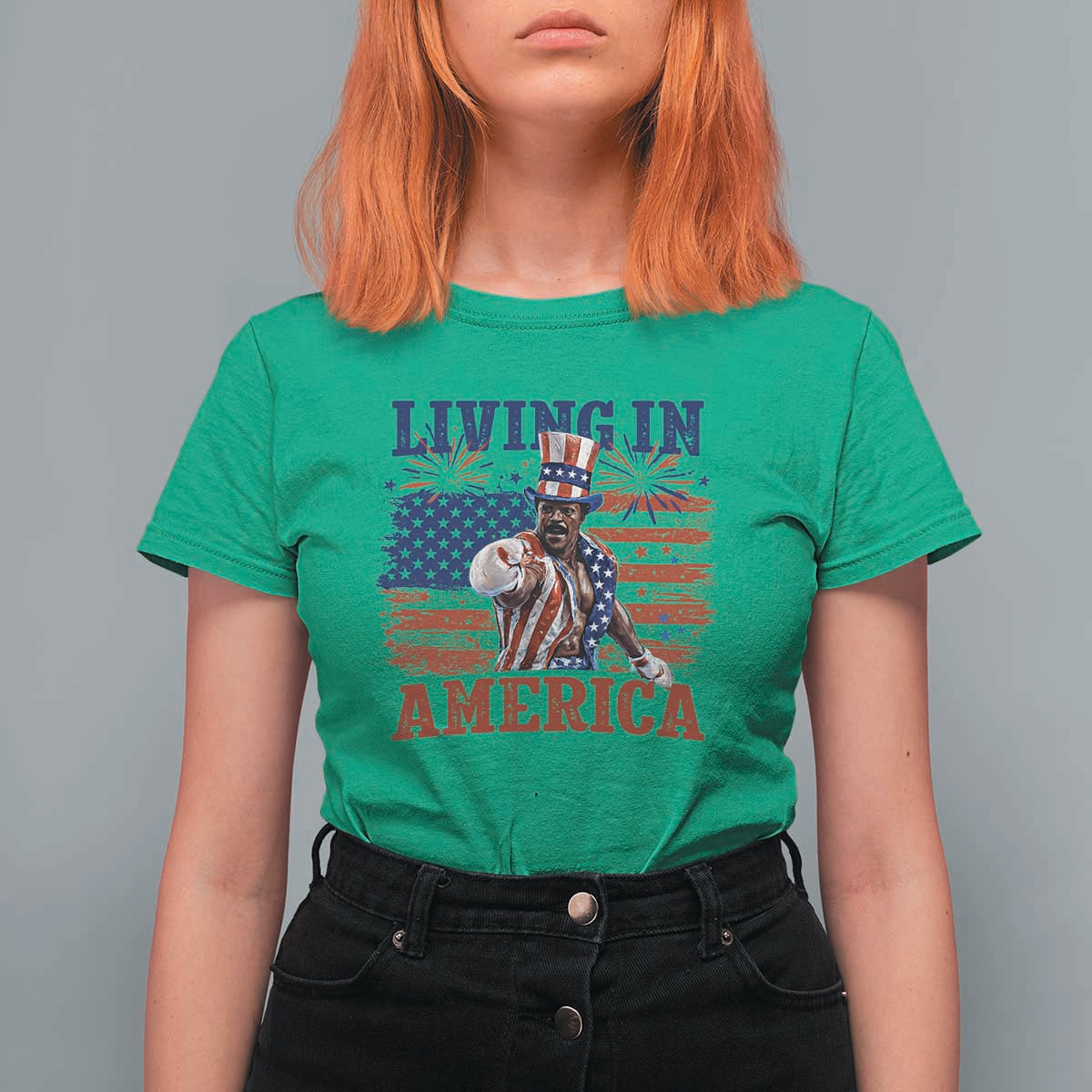 Living In America Funny Patriotic Heavyweight Boxer T Shirt For Women Vintage Distressed Flag Uncle Sam Hat Boxing Champion