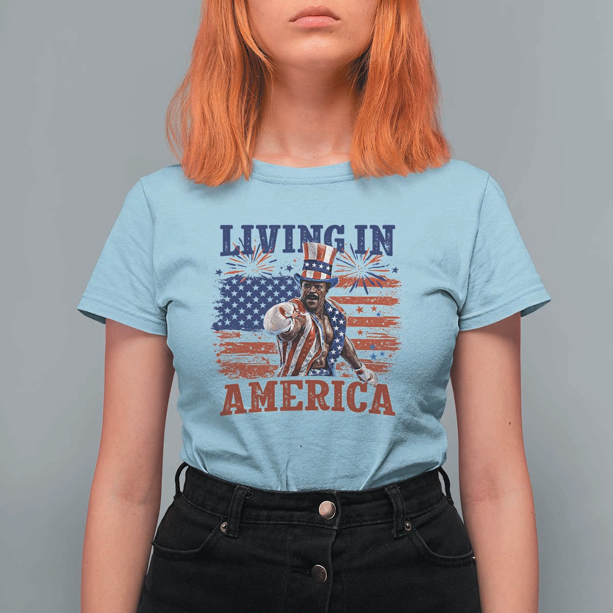 Living In America Funny Patriotic Heavyweight Boxer T Shirt For Women Vintage Distressed Flag Uncle Sam Hat Boxing Champion