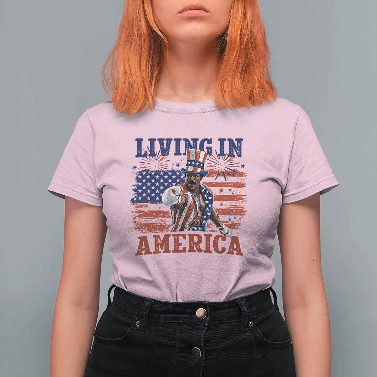 Living In America Funny Patriotic Heavyweight Boxer T Shirt For Women Vintage Distressed Flag Uncle Sam Hat Boxing Champion