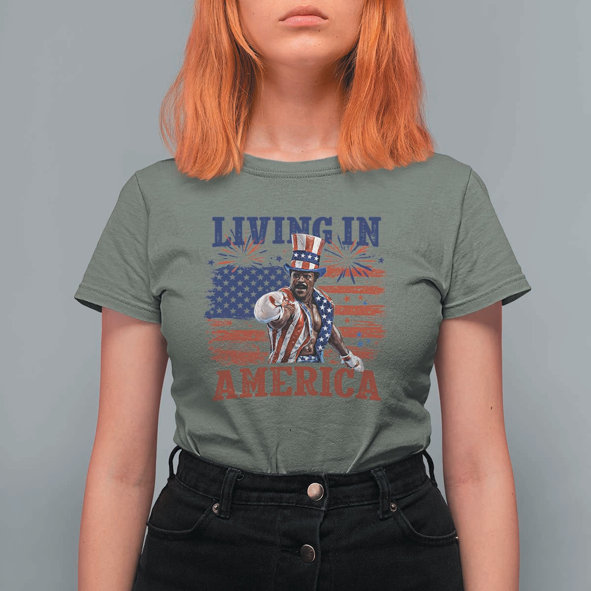 Living In America Funny Patriotic Heavyweight Boxer T Shirt For Women Vintage Distressed Flag Uncle Sam Hat Boxing Champion