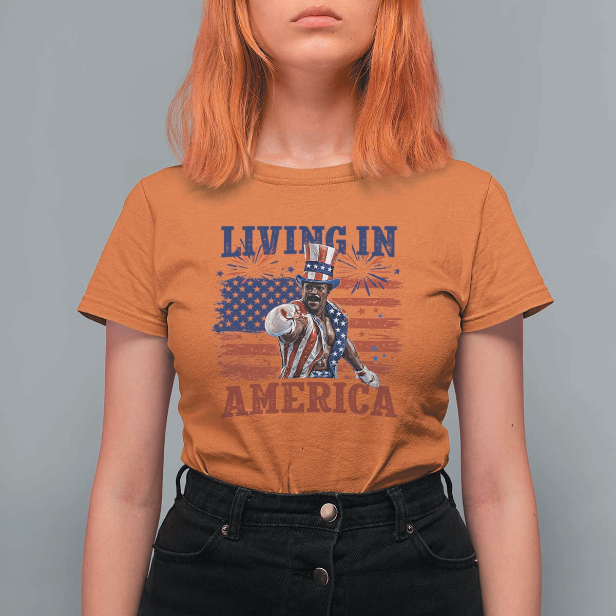 Living In America Funny Patriotic Heavyweight Boxer T Shirt For Women Vintage Distressed Flag Uncle Sam Hat Boxing Champion