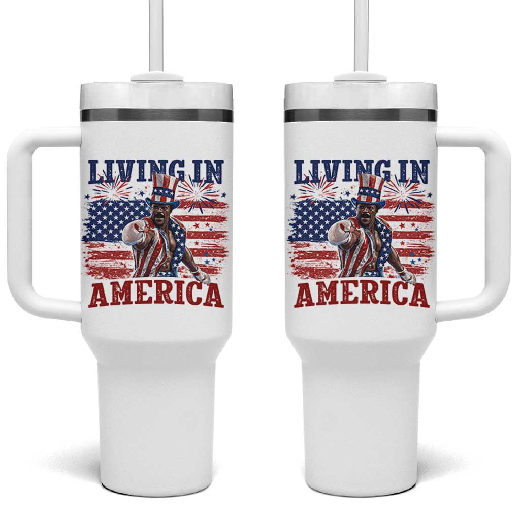 Living In America Funny Patriotic Heavyweight Boxer Tumbler With Handle Vintage Distressed Flag Uncle Sam Hat Boxing Champion